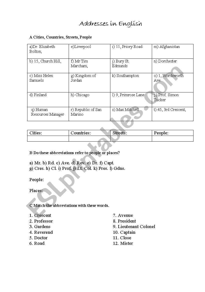 Writing address worksheet