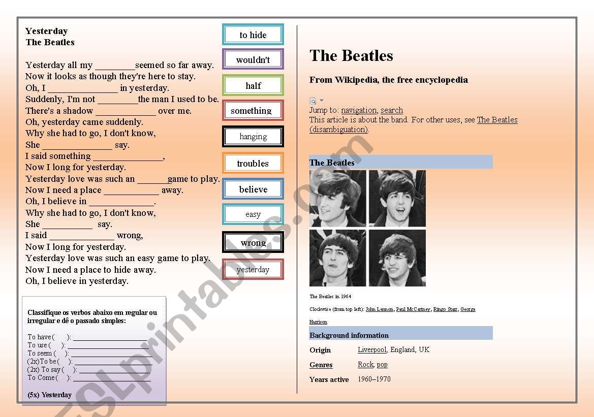SONG:  Beatles - Yesterday worksheet