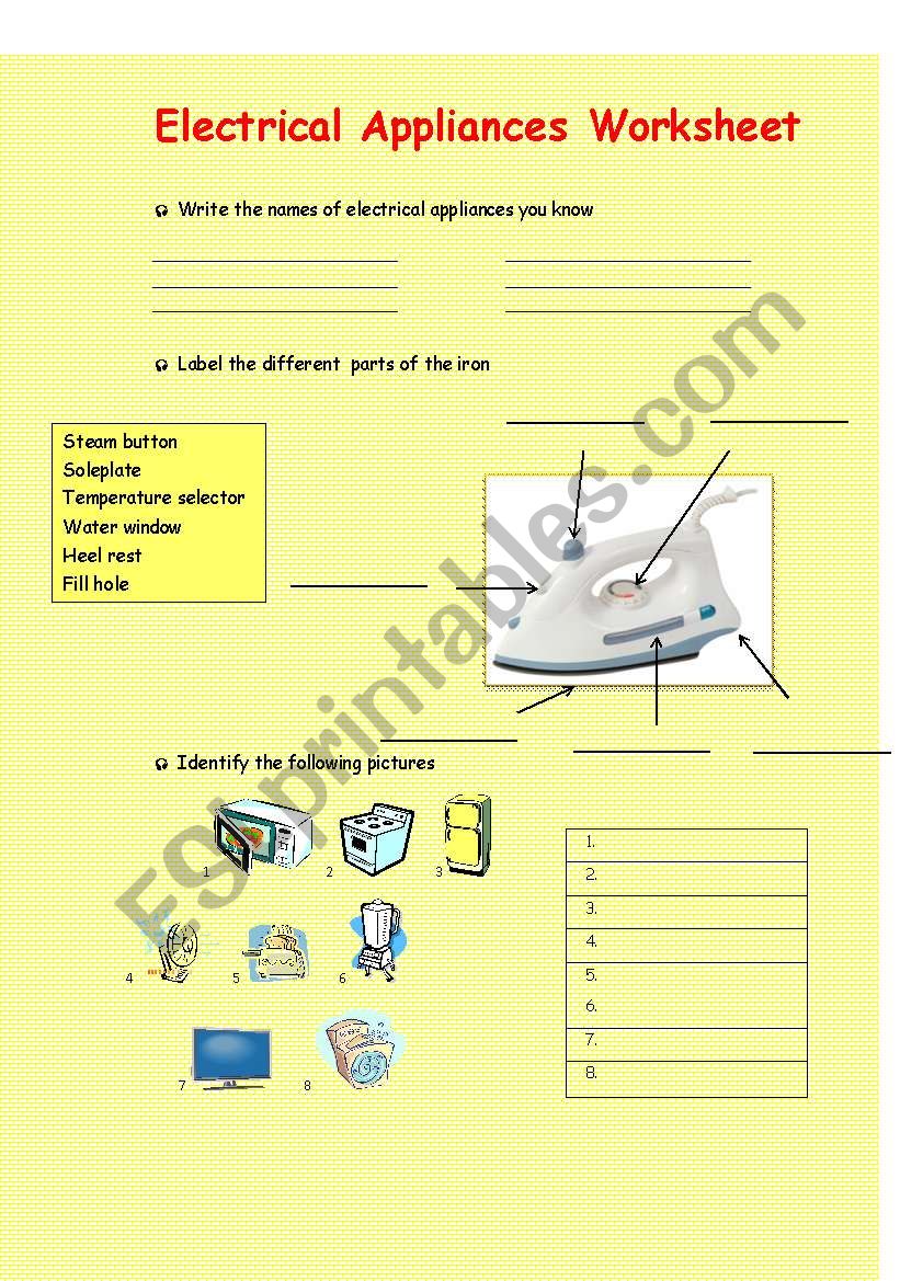 Electrical Appliances Worksheet