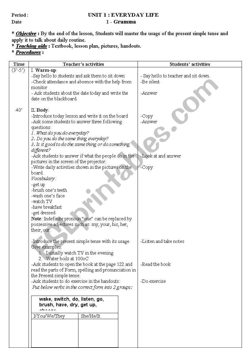 Unit 1 Everyday life worksheet