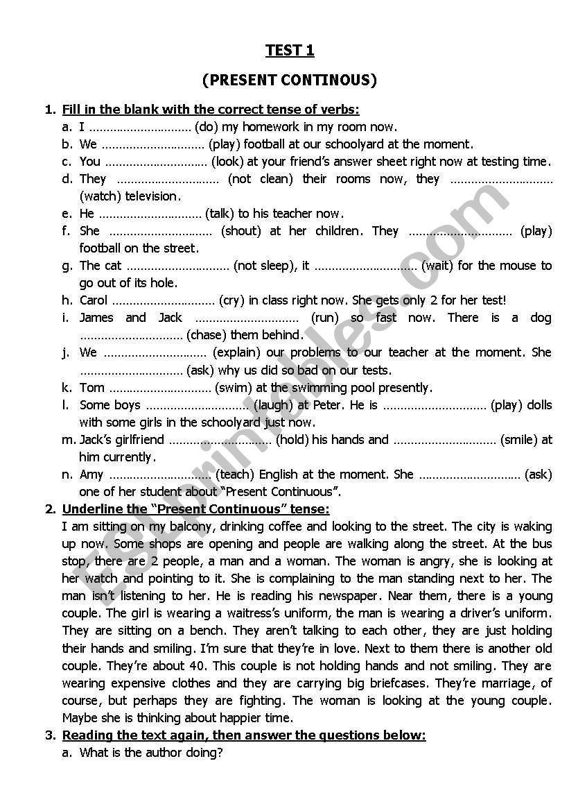 PRESENT CONTINUOUS TEST worksheet