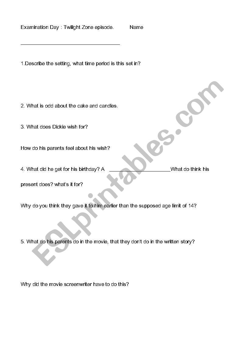 Examination day - Twilight zone TV episode worksheet.