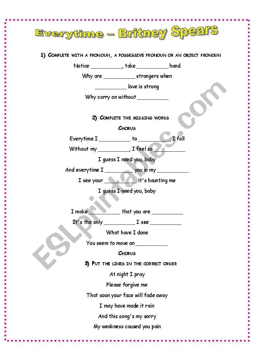 Everytime - Britney Spears worksheet