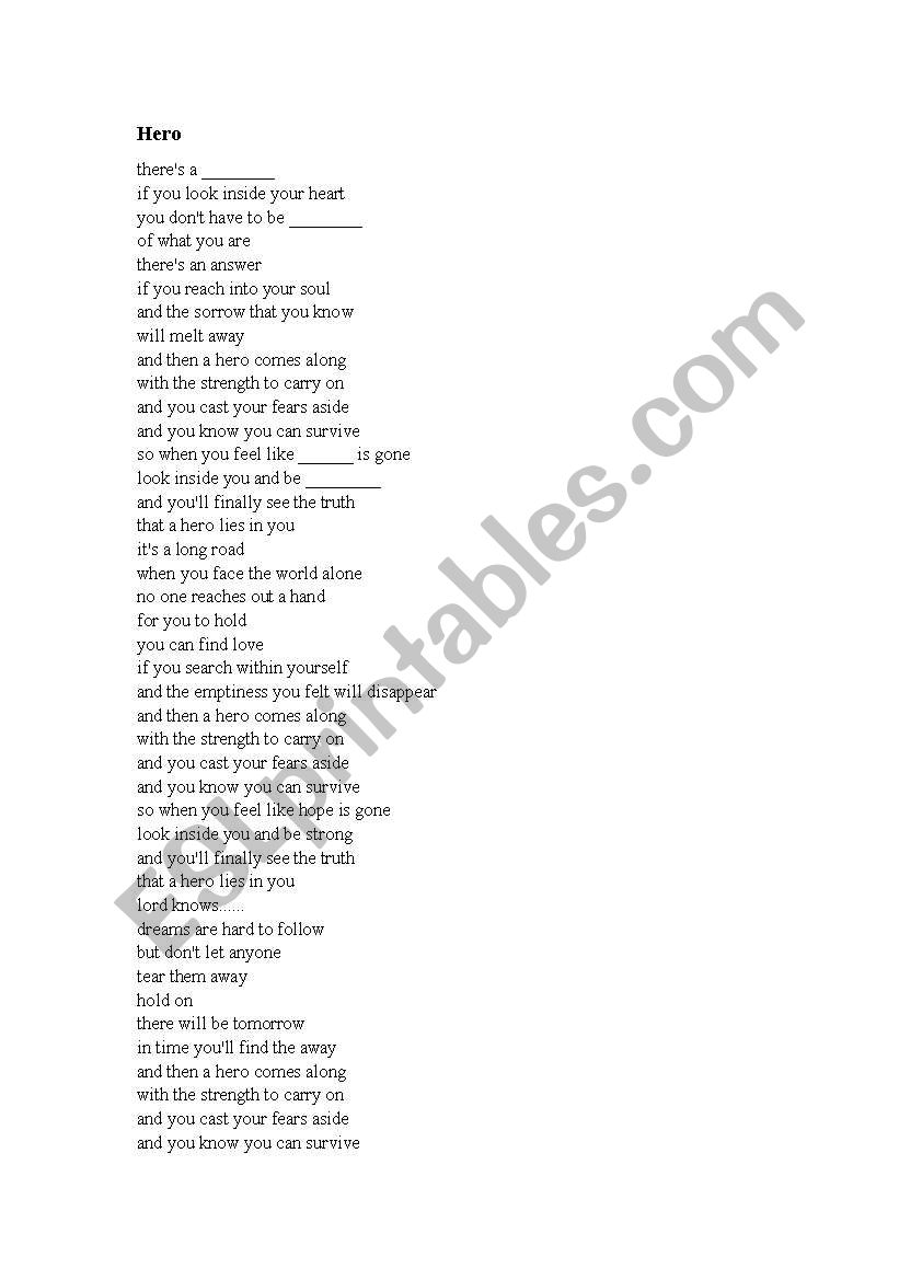 the lyrics of hero worksheet