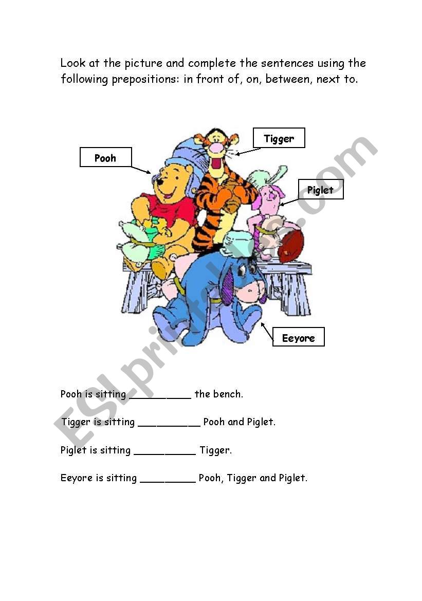 Prepositions Pooh worksheet