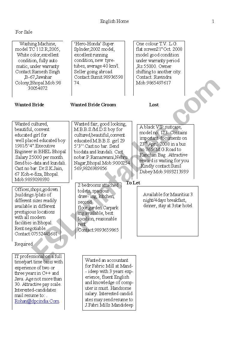 Advertisements worksheet