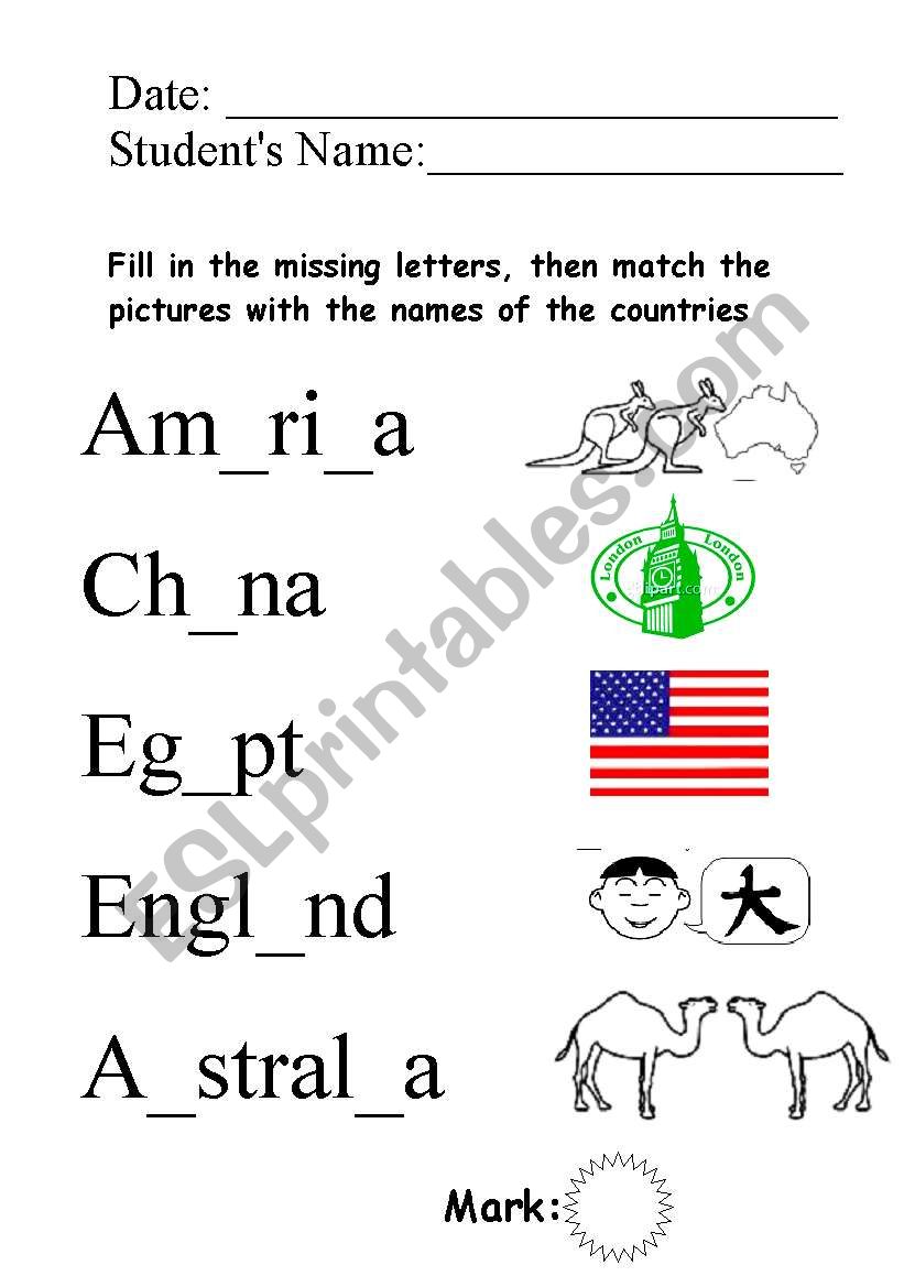 countries fill in worksheet
