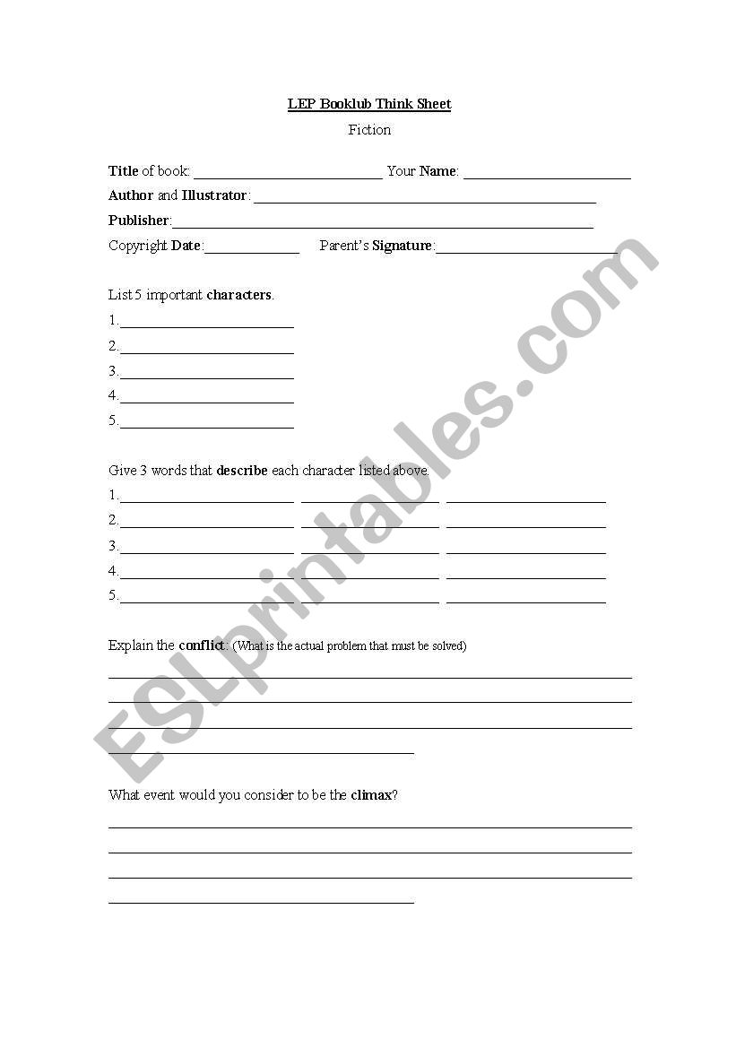 Book Club Think Sheet worksheet