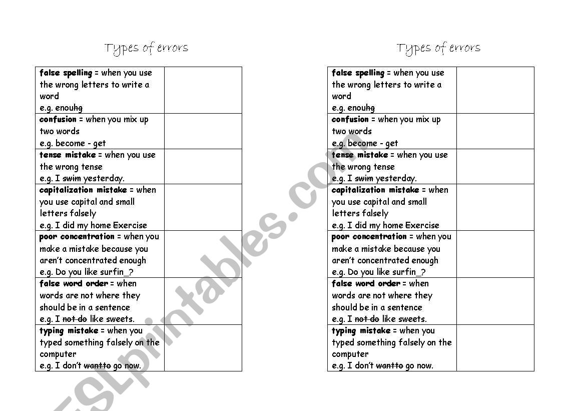 Types of errors worksheet