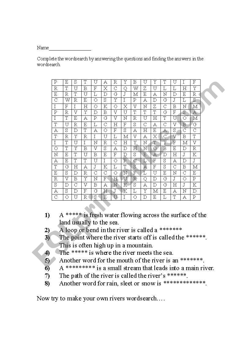 rivers wordsearch worksheet