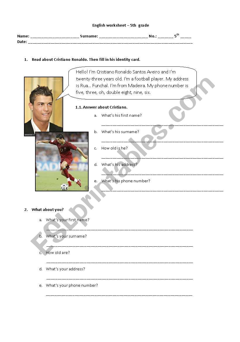 Personal Identification worksheet