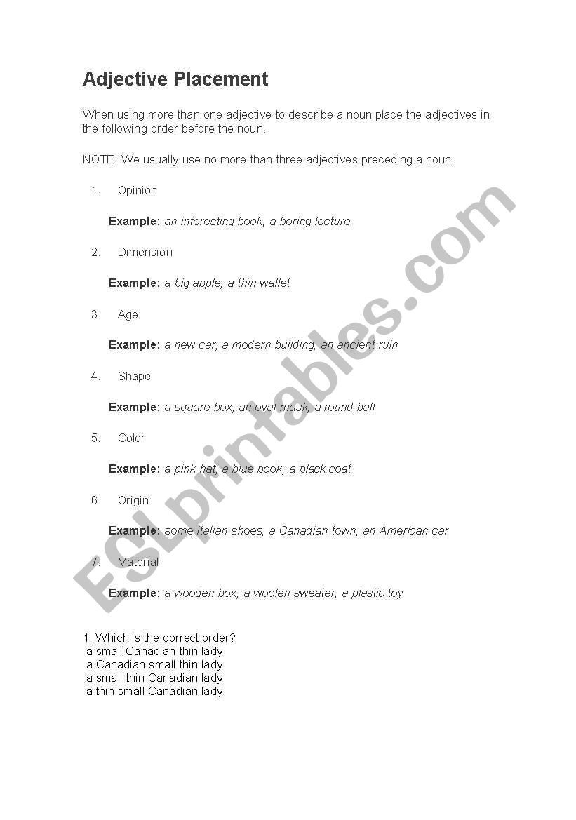adjective placement worksheet