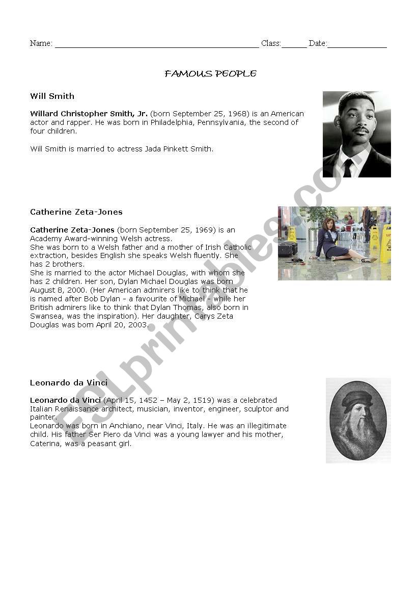 famous people worksheet