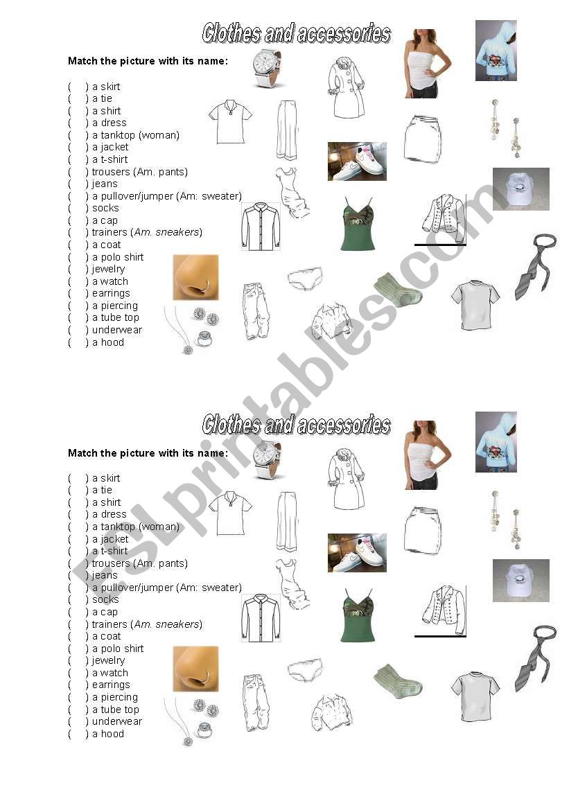 Clothes and accessories worksheet