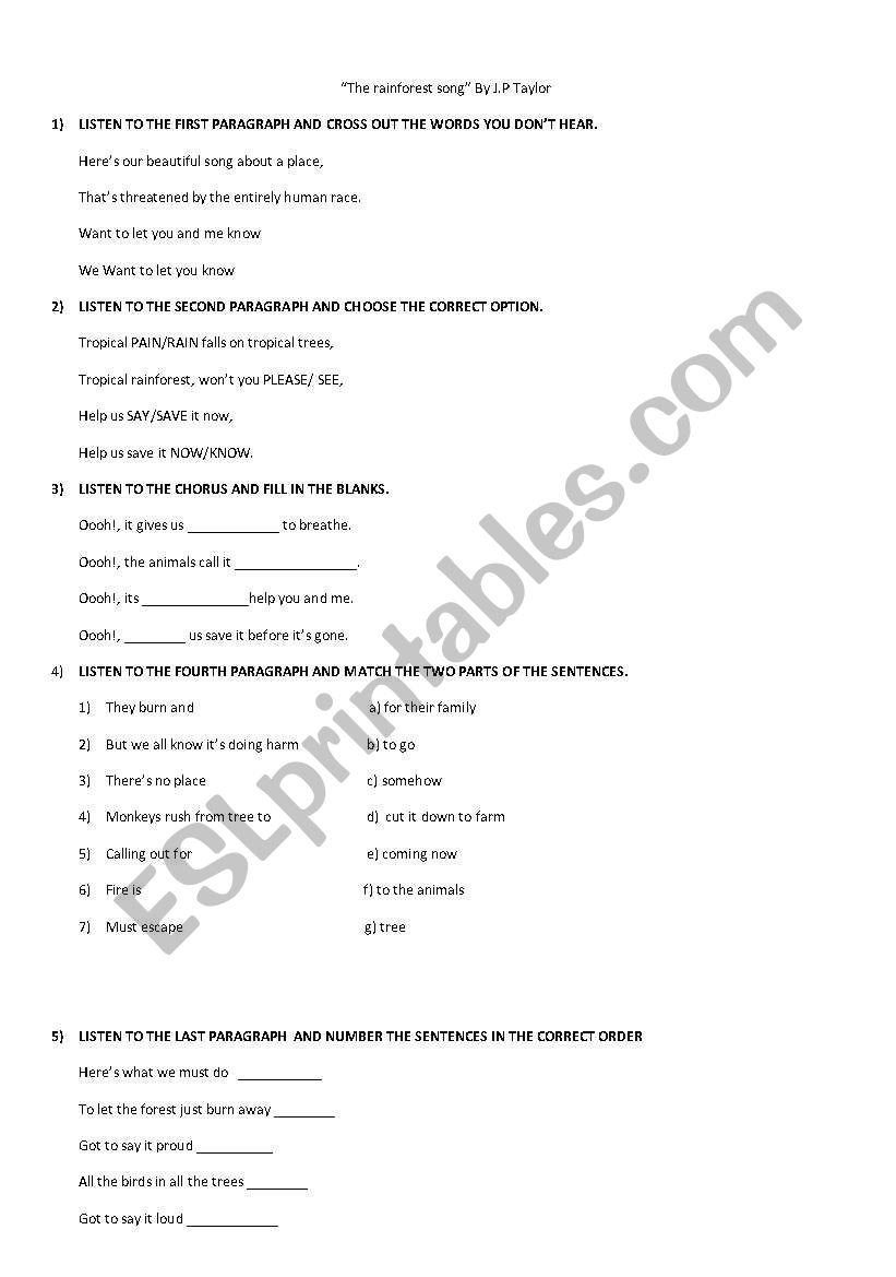 reinforest song worksheet