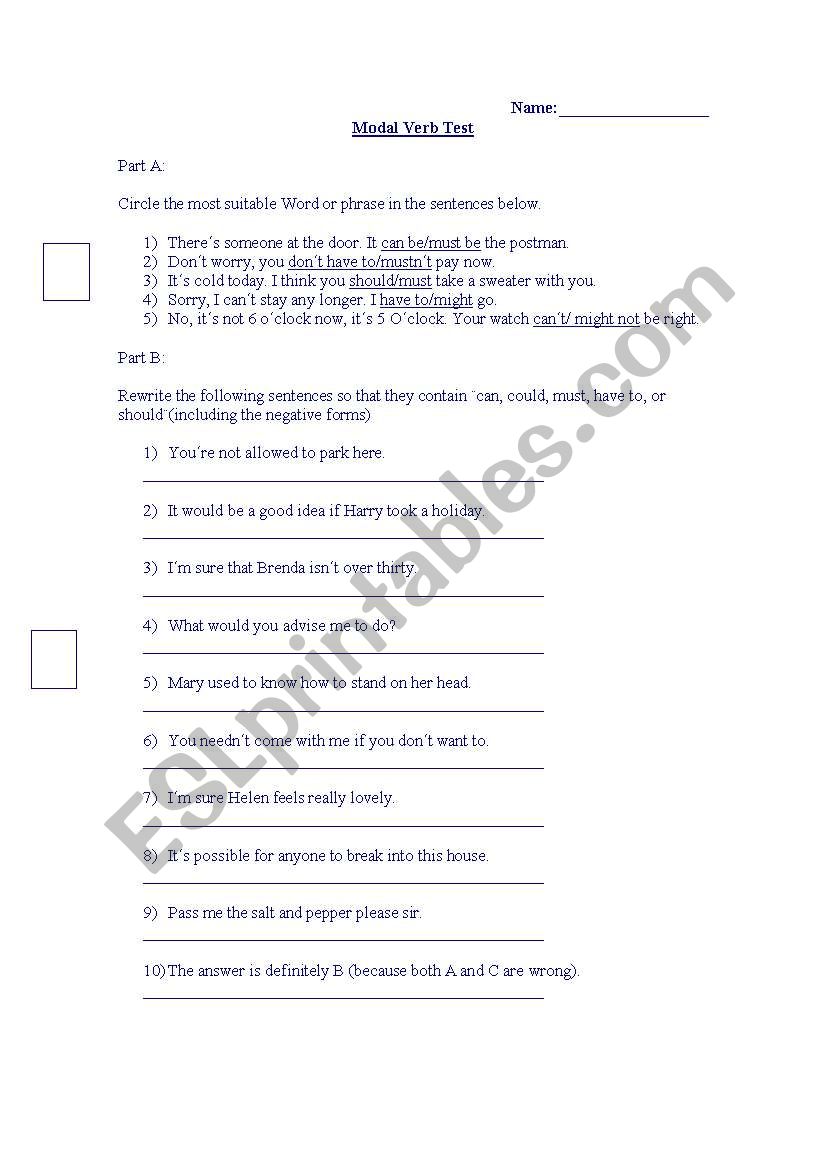 Modal Test worksheet