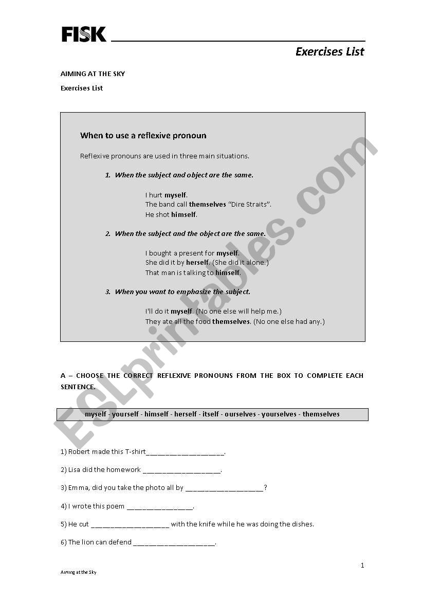 Reflexive pronouns - exercise list