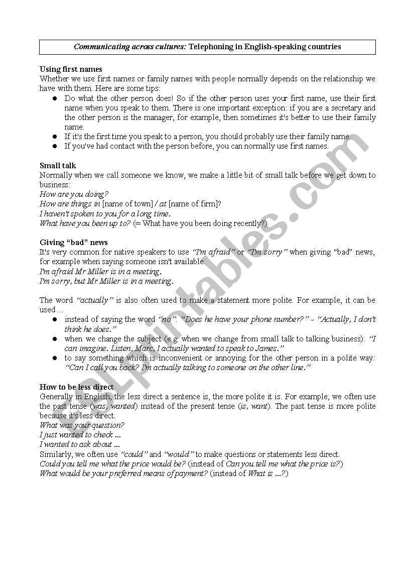 Telephoning guidelines worksheet