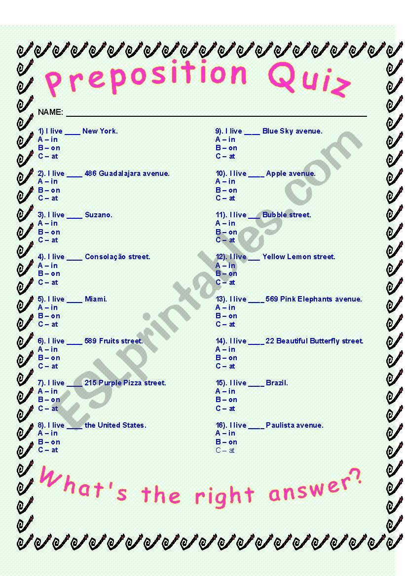 Preposition Quiz - IN/ON/AT worksheet