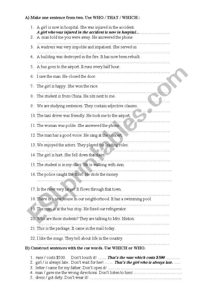 relative clause exercises worksheet