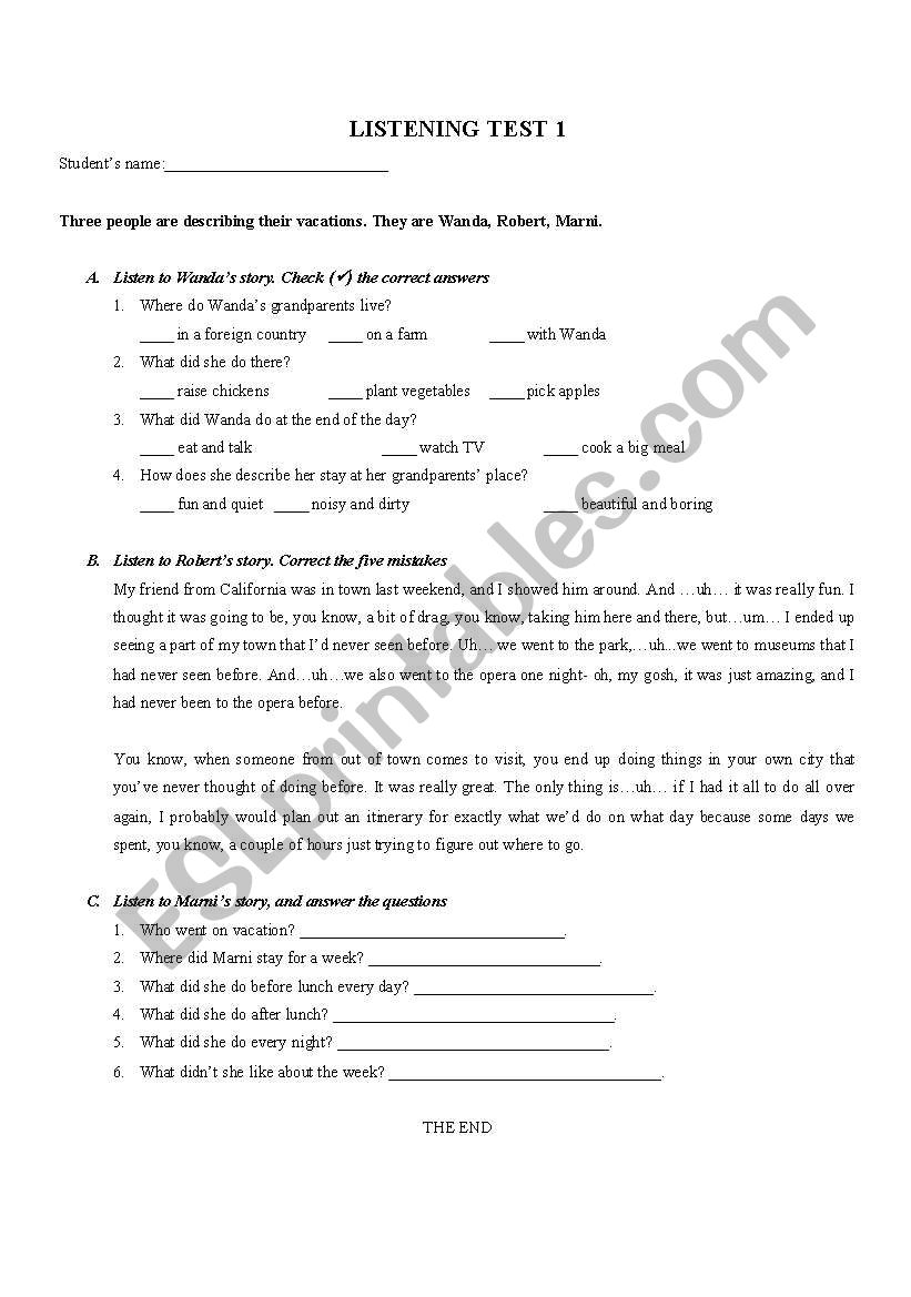 Listening test worksheet