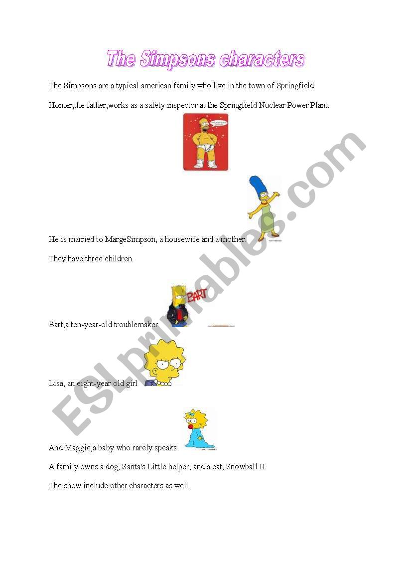 The Simpsons characters worksheet