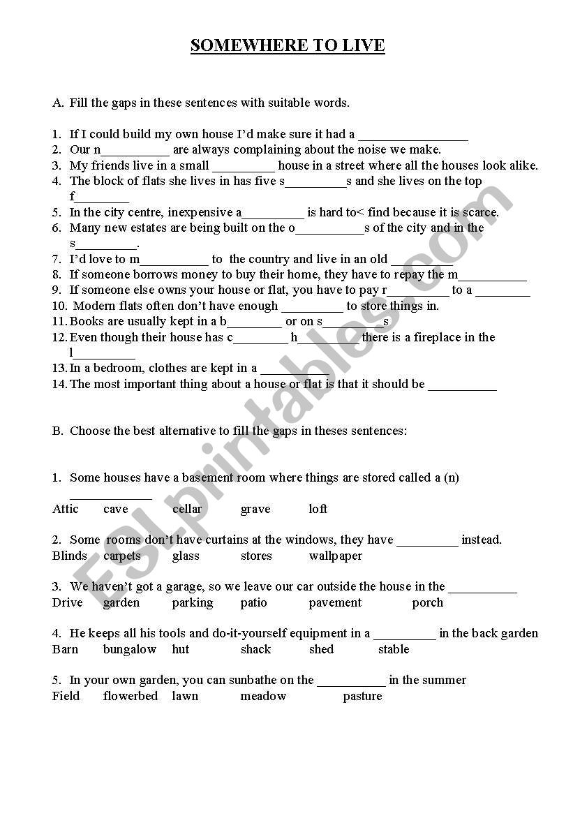 SOMEWHERE TO LIVE worksheet