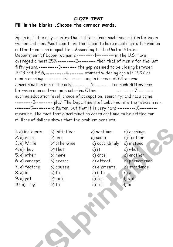 cloze passage worksheet