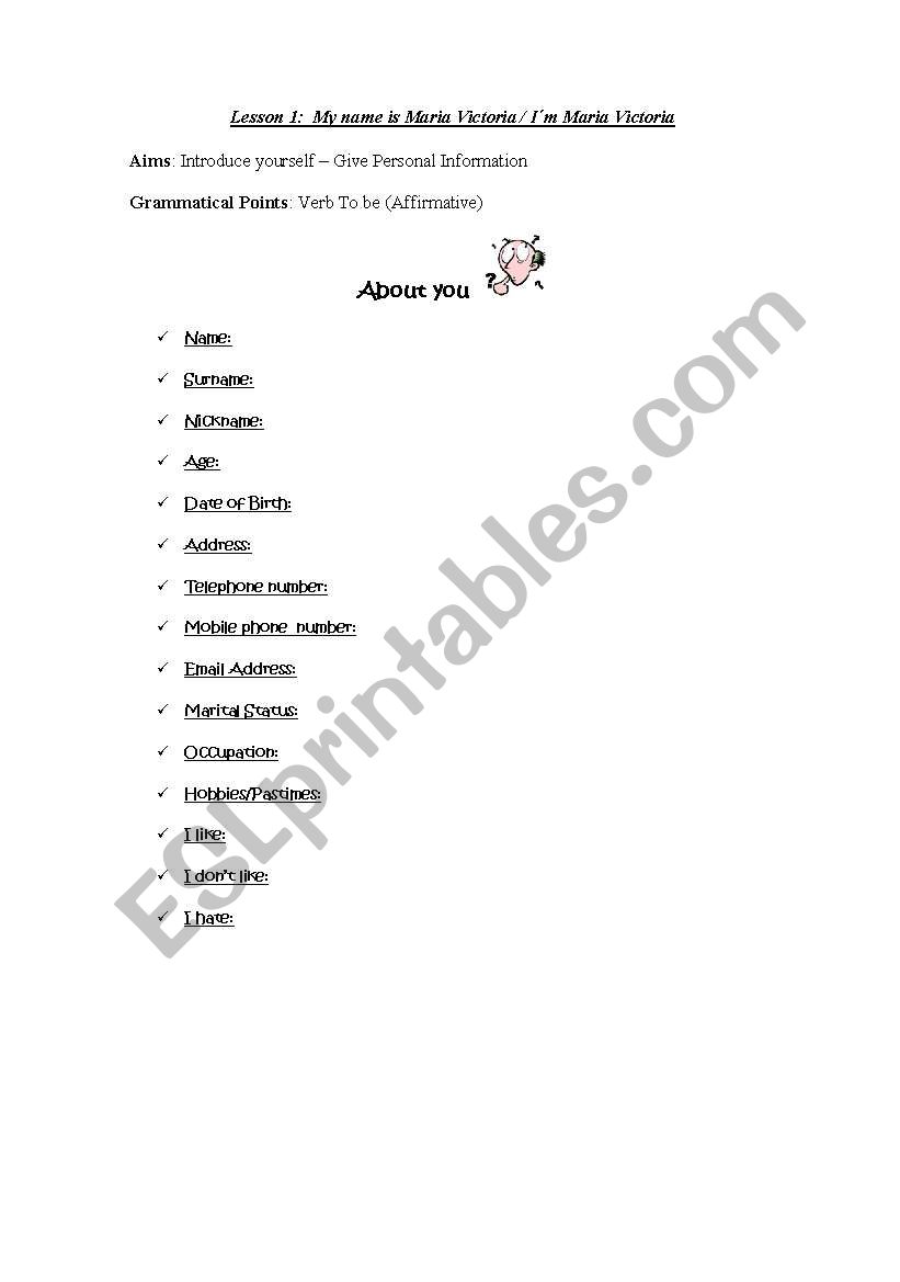 INTRODUCING YOURSELF worksheet