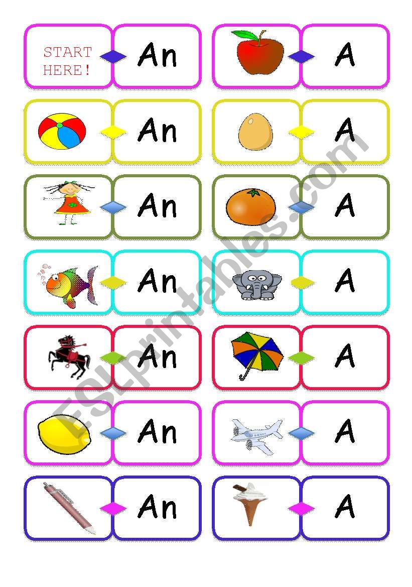 Article Dominoes A or AN worksheet