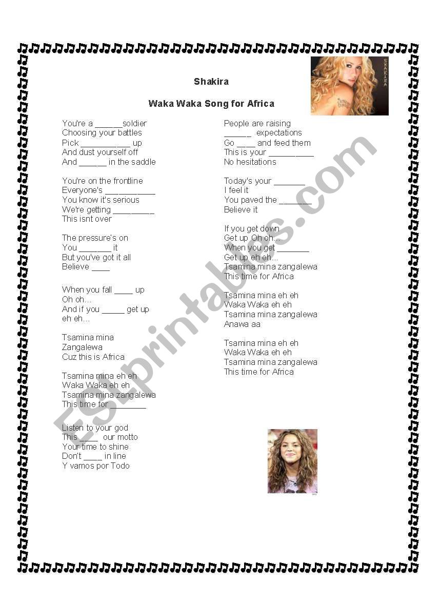 waka waka song shakira worksheet