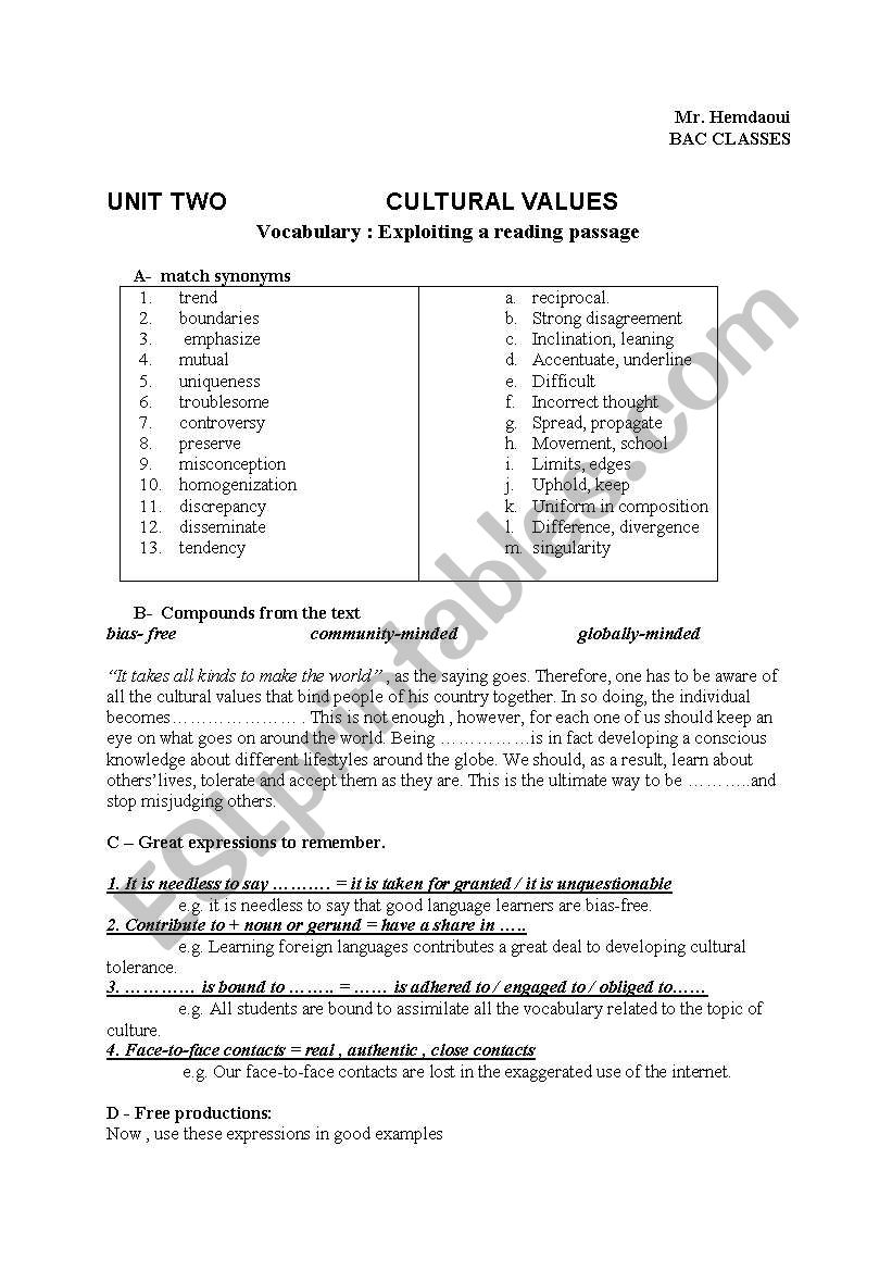 CULTURAL ISSUES VOCABULARY worksheet