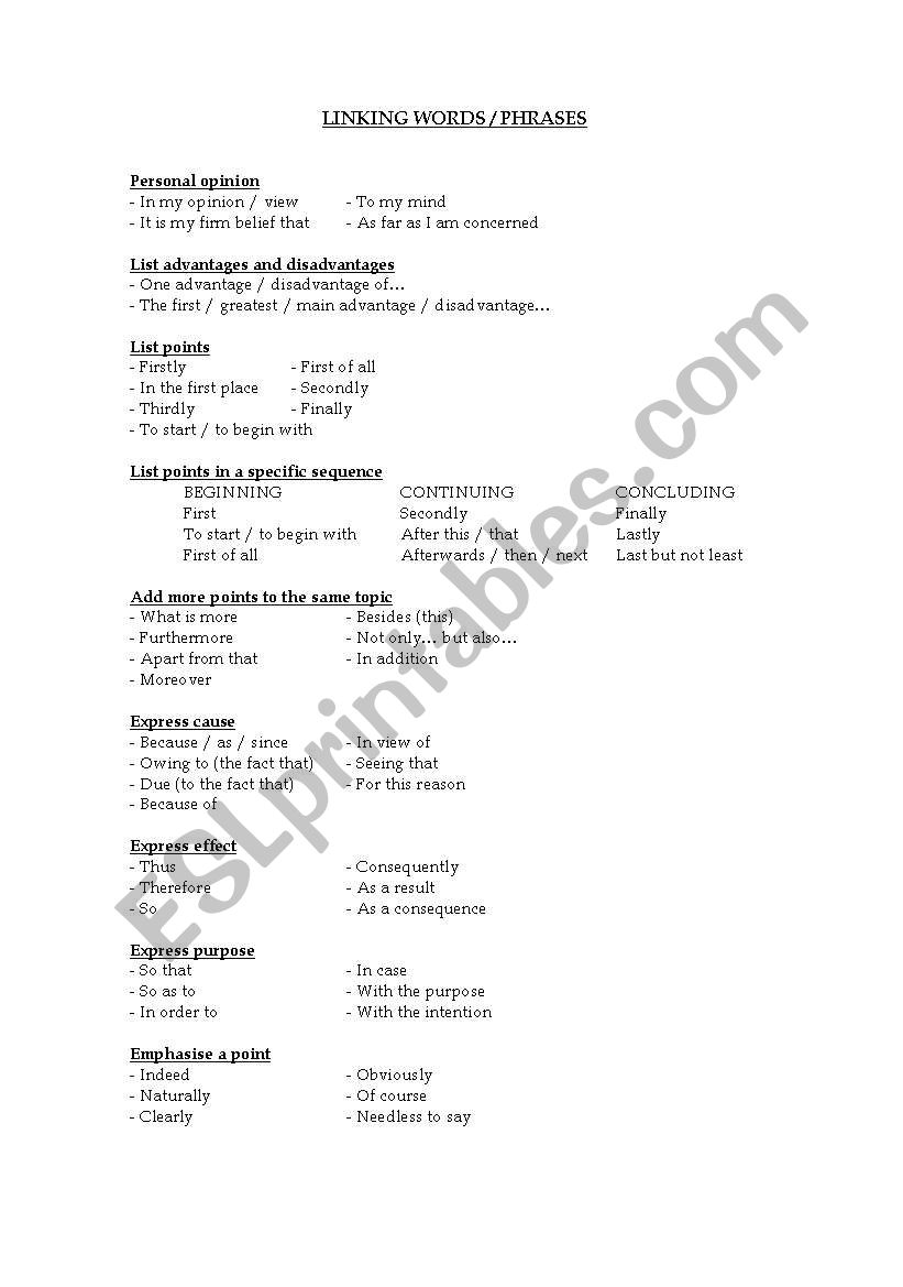 linking words worksheet