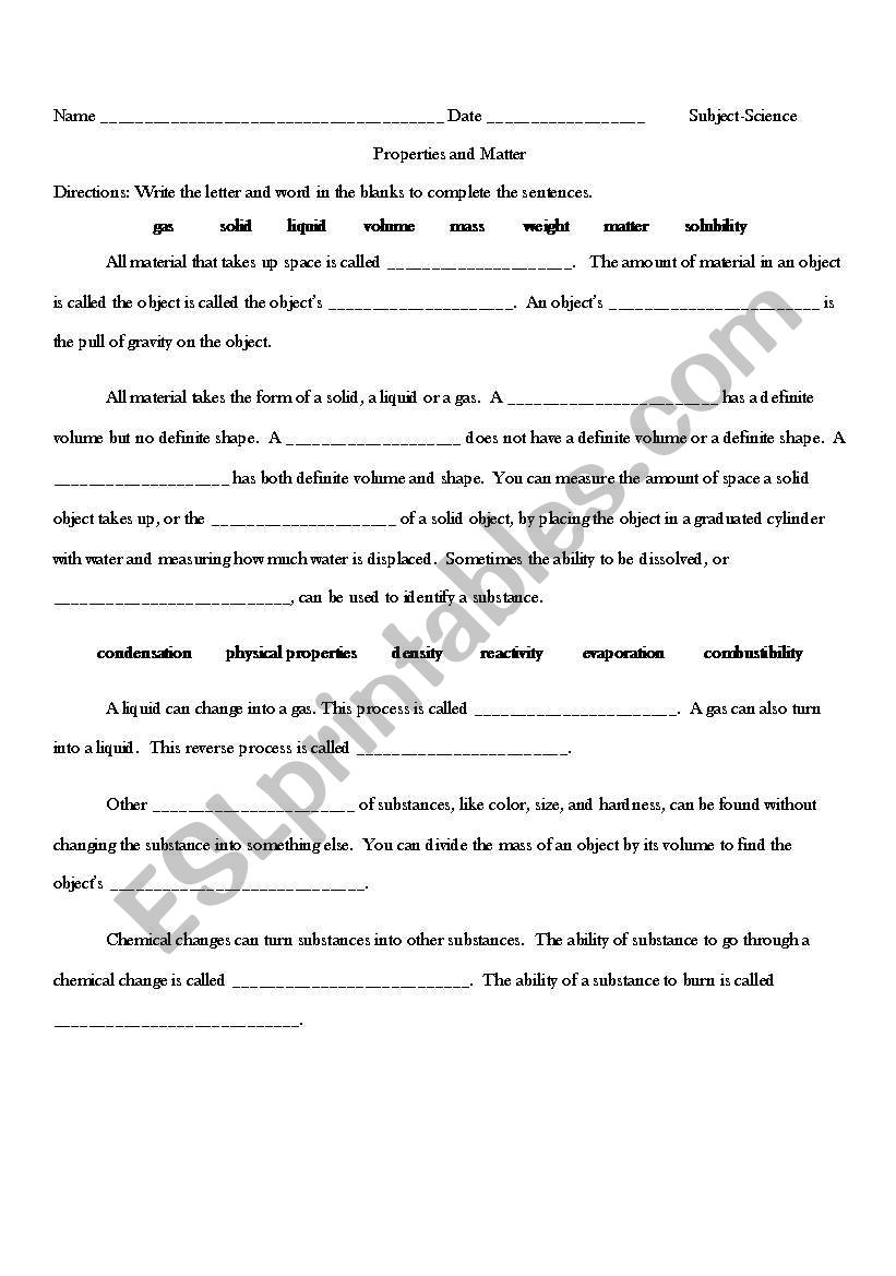 Matter test worksheet