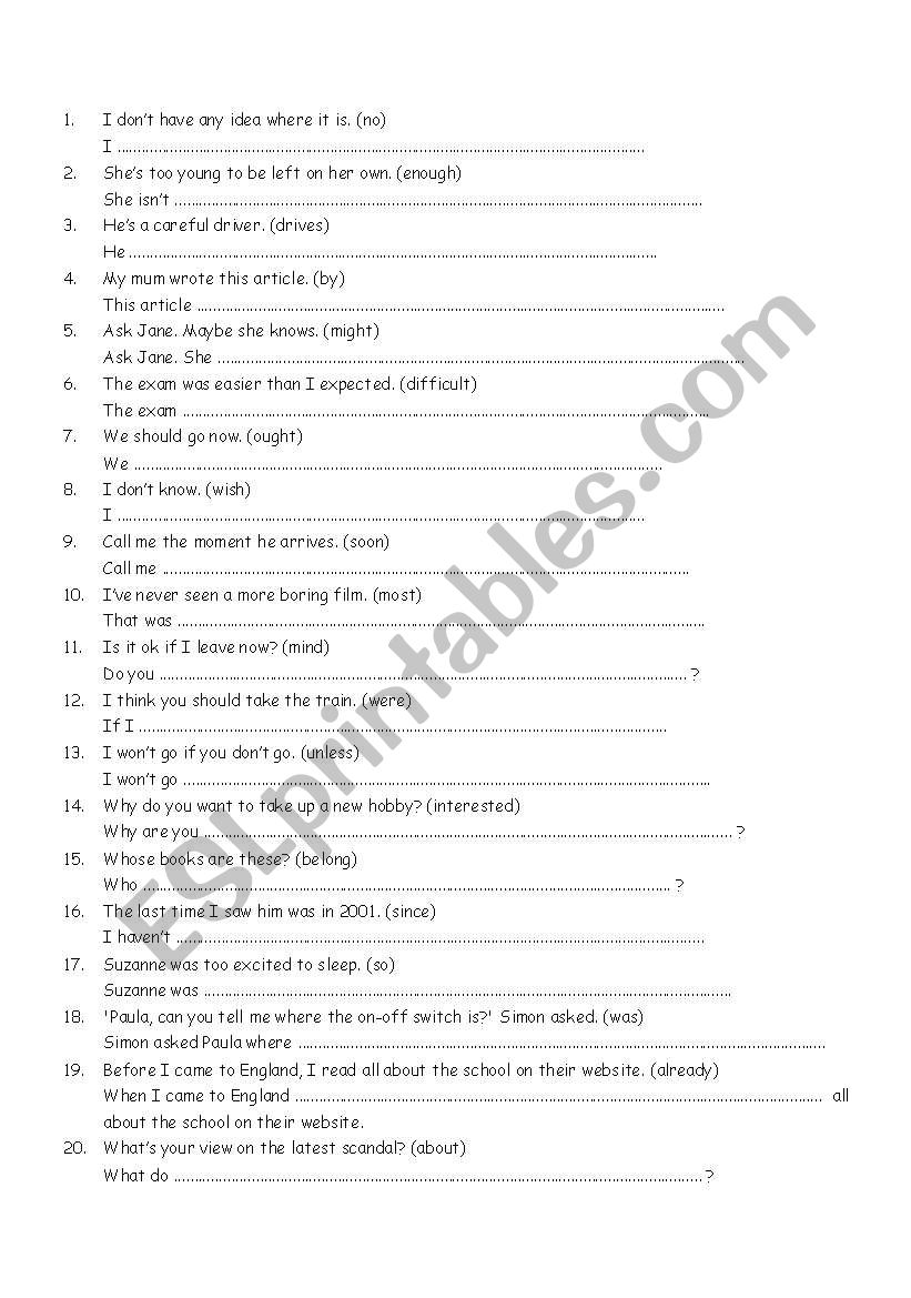 Intermediate Sentence Transformation Exercise (20 Questions)