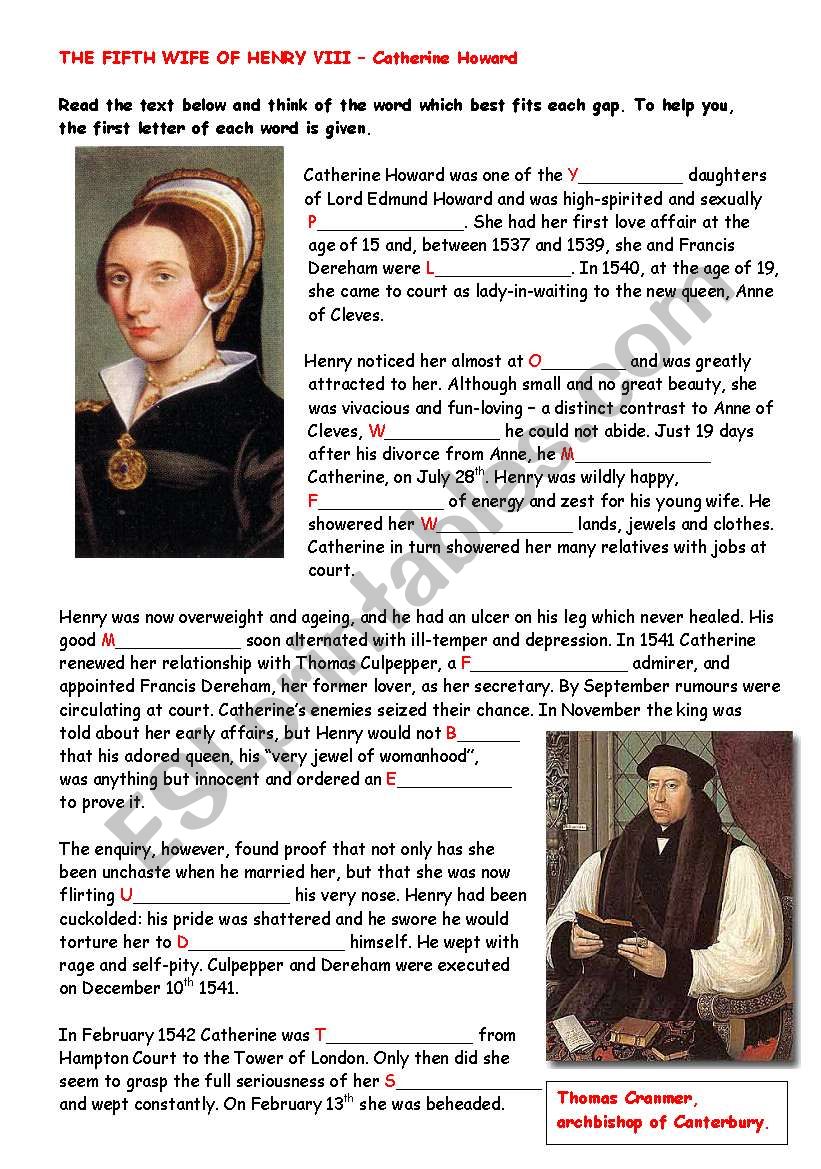 THE FIFTH WIFE OF HENRY VIII worksheet