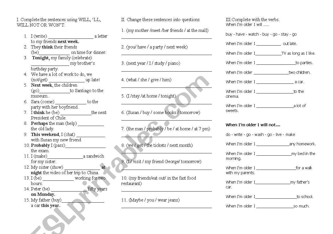 Exercises Future WILL worksheet