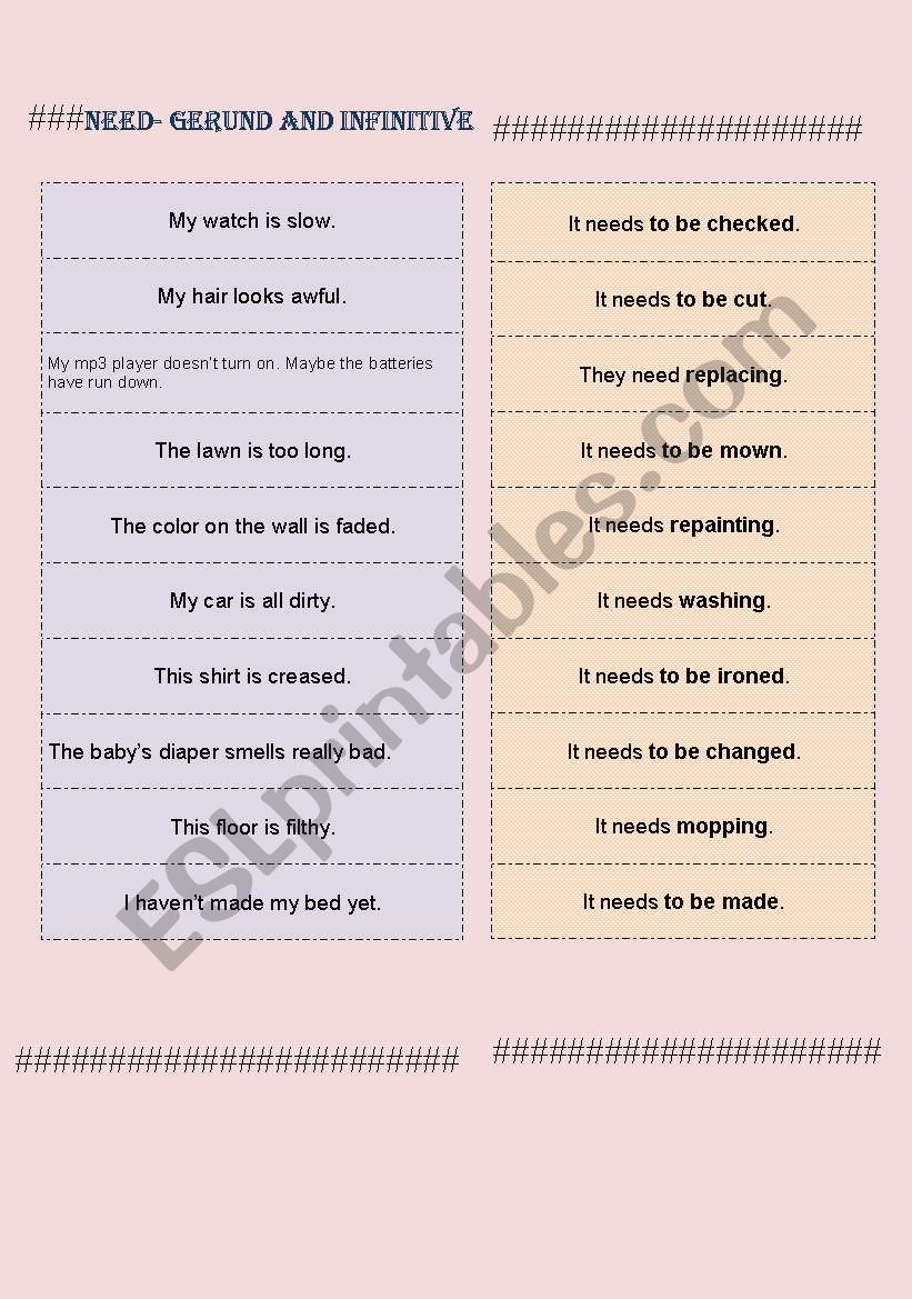 Need - gerund and infinitive-matching activity