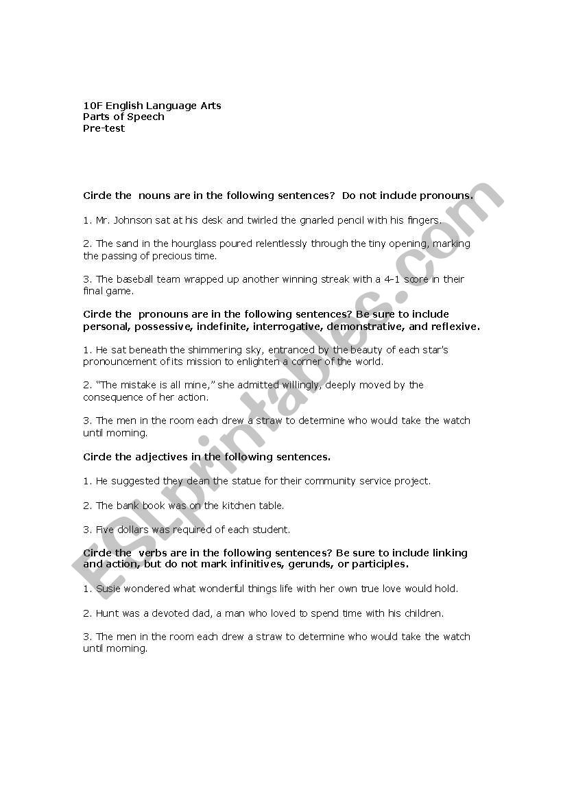 Parts of Speech Pre-test worksheet