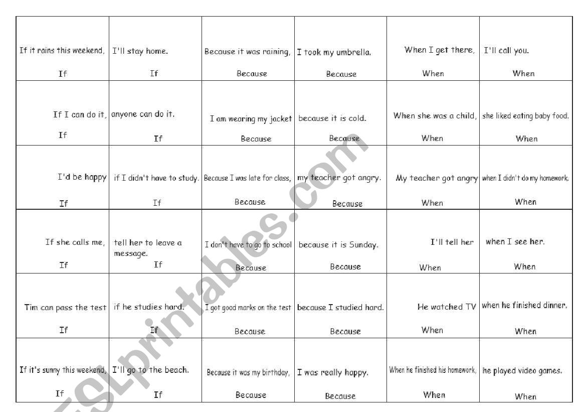 If when because memory game worksheet