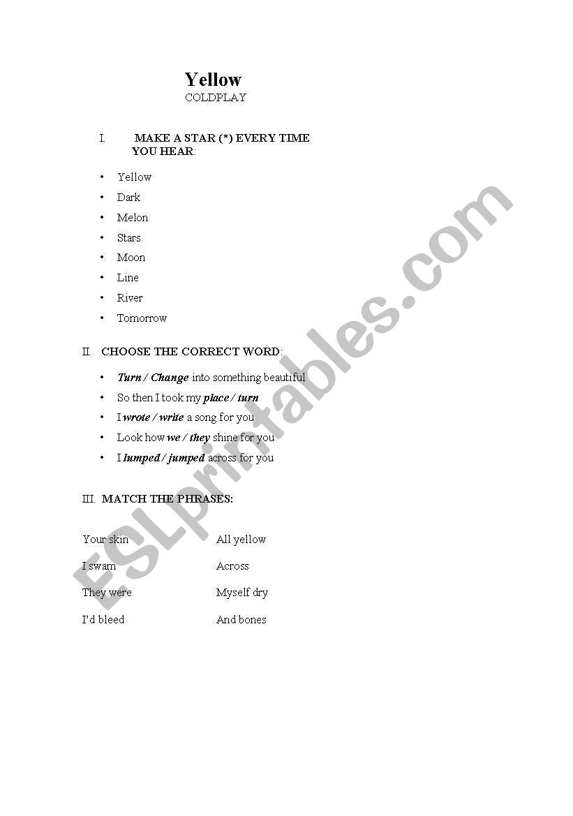 Yelloy by Coldplay worksheet