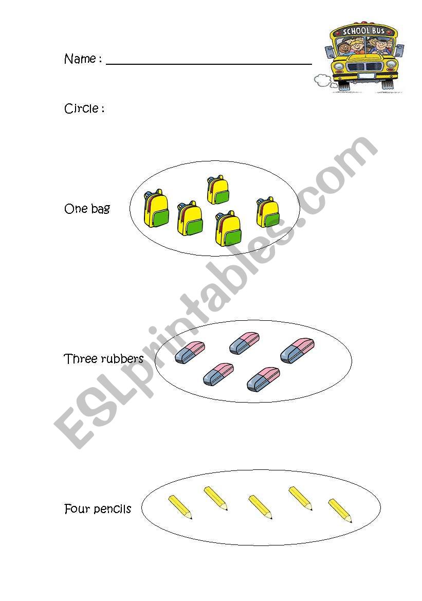 numbers - school supplies worksheet