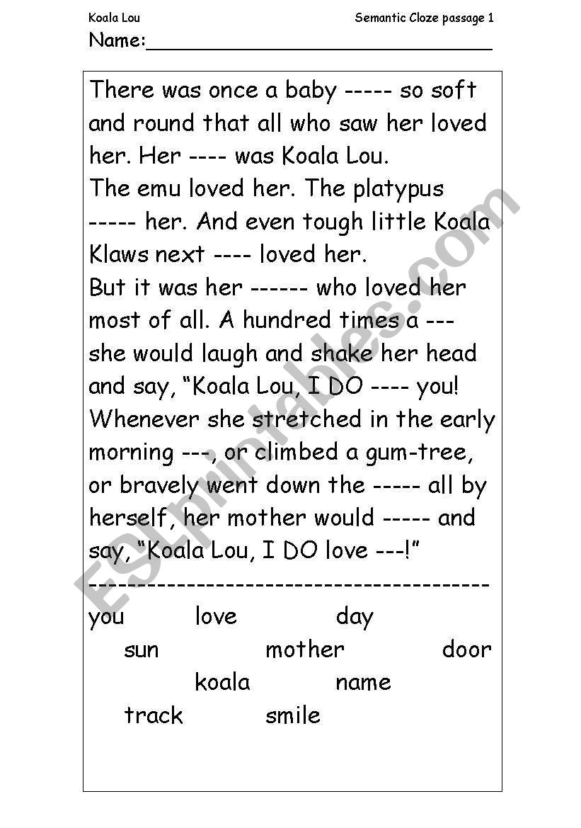 Koala Lou_Mem Fox Cloze activity