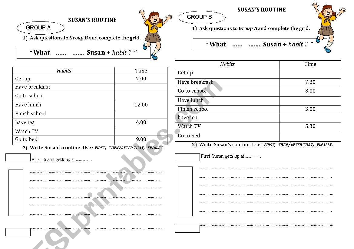 Pairwork : Susans routine worksheet