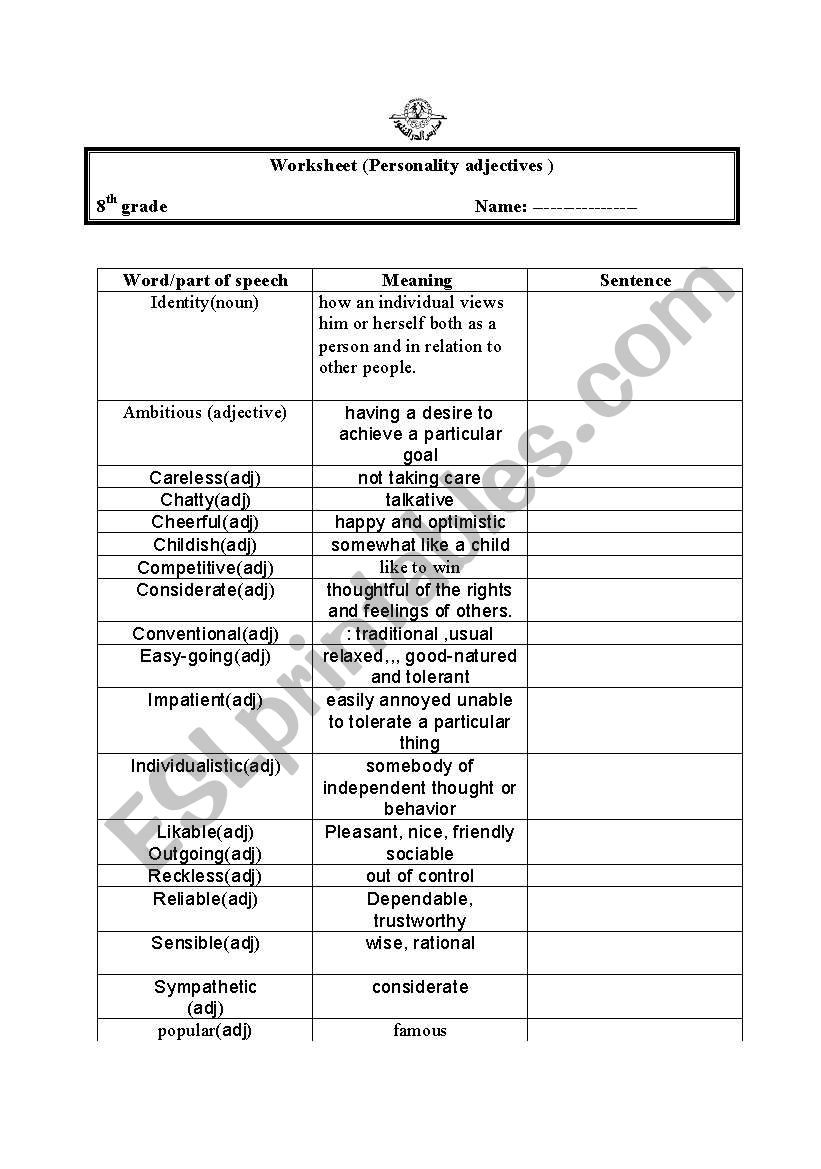 personality adjectives worksheet