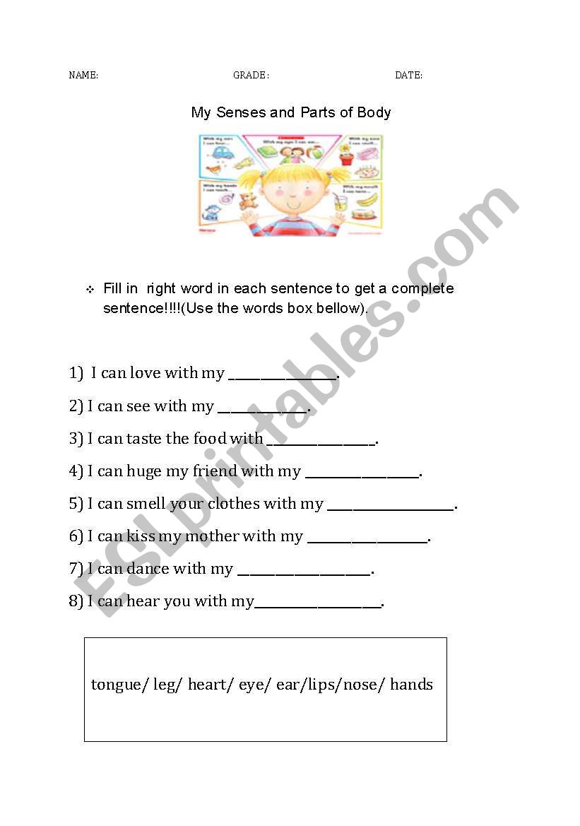 My Senses and Parts of Body worksheet