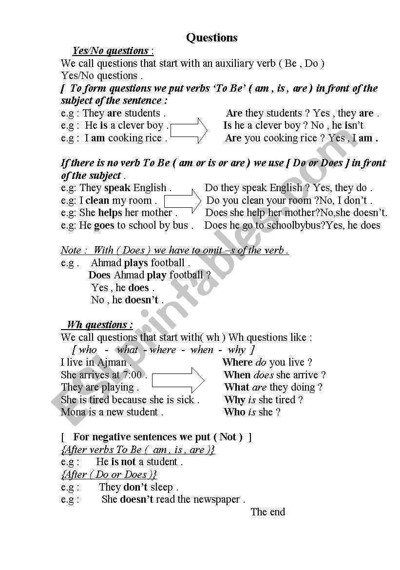 questions worksheet