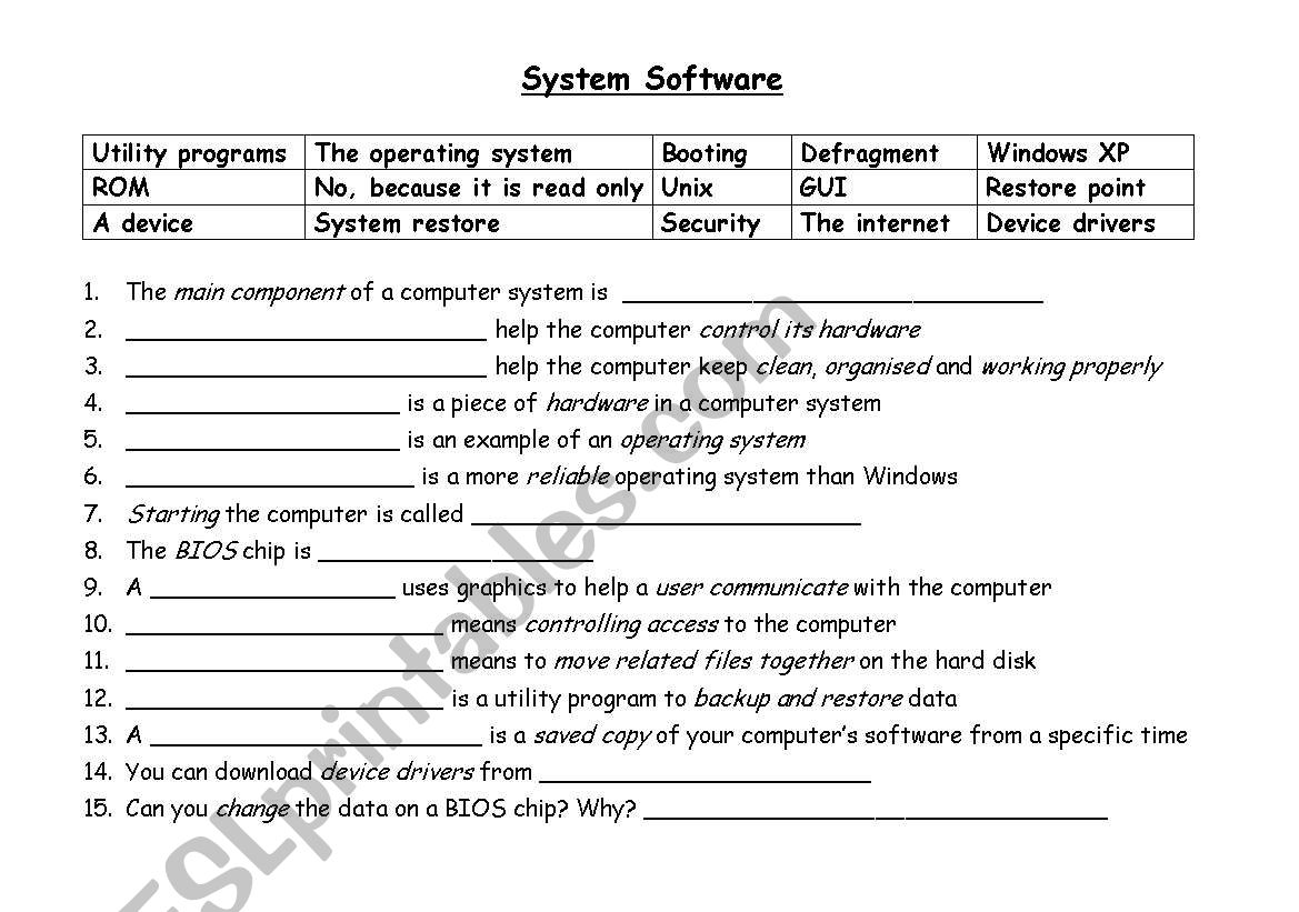 System software gapfill worksheet