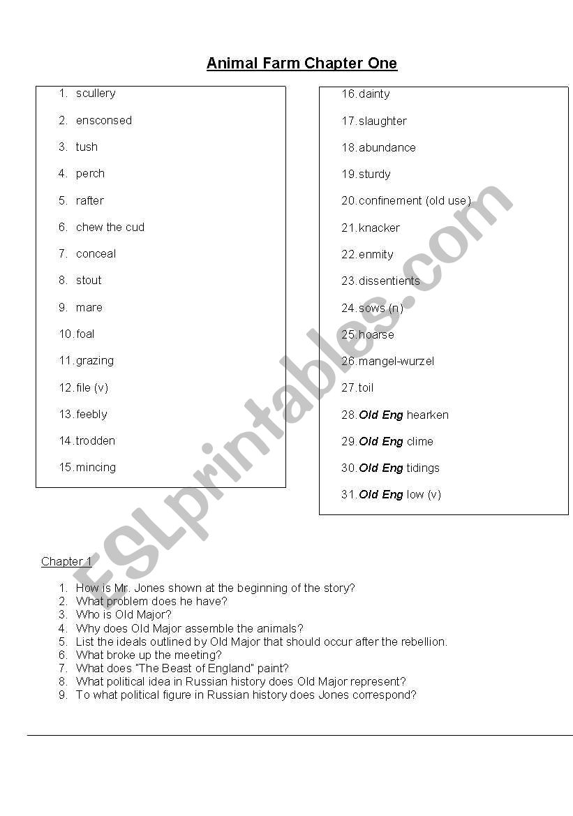 Animal Farm / Orwell: 10 chapters of Qs and vocab - ESL worksheet by  alexanderelwood@