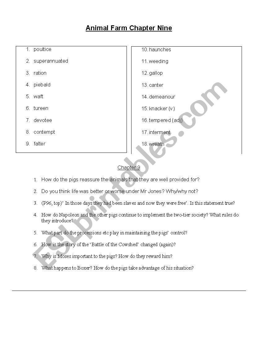 Animal Farm / Orwell: 10 chapters of Qs and vocab - ESL worksheet by  alexanderelwood@